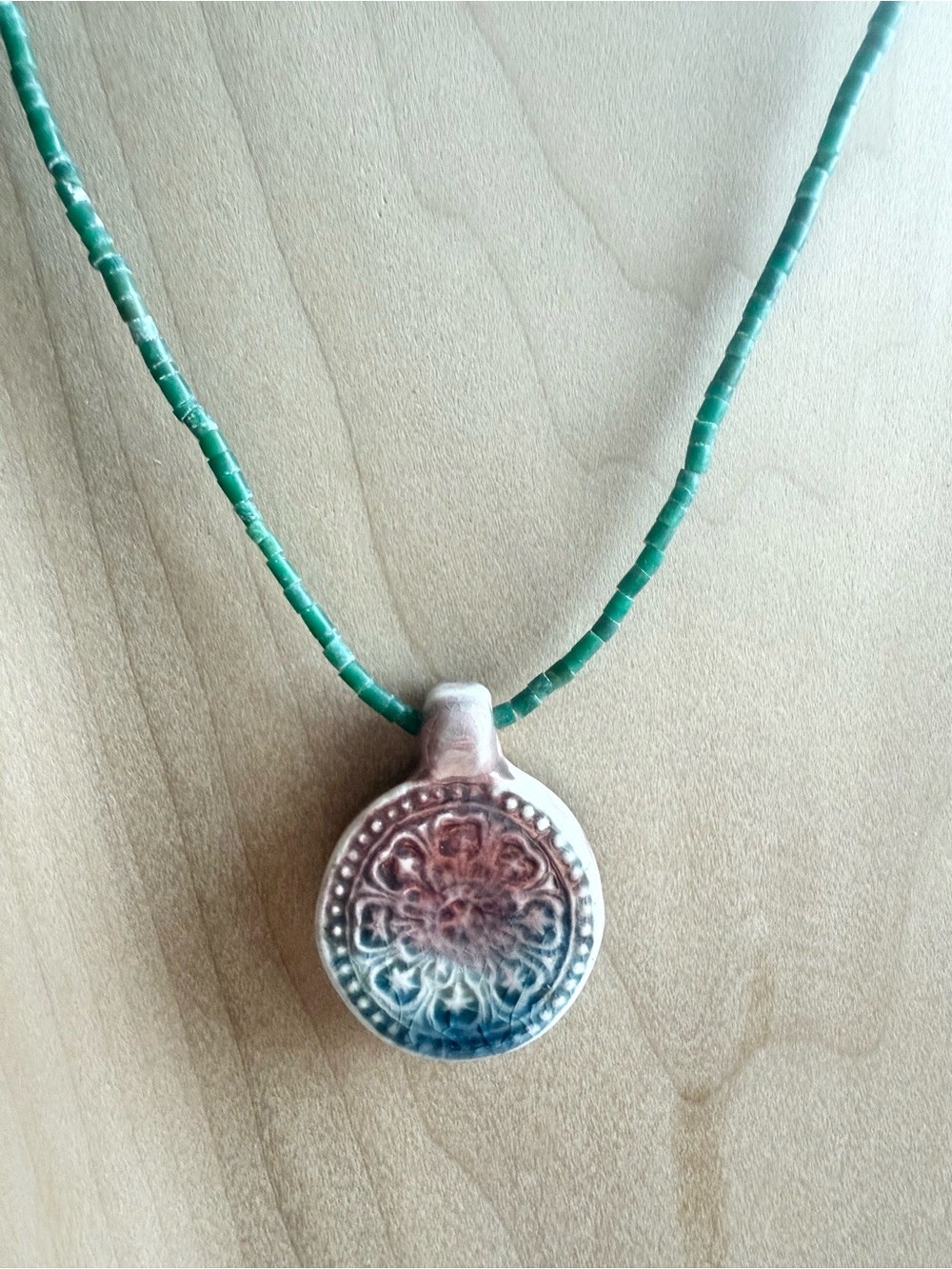 Handmade Ceramic Pottery Flower Charm Malachite Necklace Sterling Silver